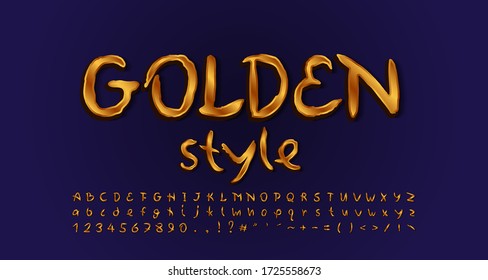Golden style alphabet handwritten typeface golden colored. Uppercase and lowercase letters, numbers, symbols. Gradient background Navy blue colors. Vector illustration