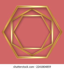 Golden style thin hexagons luxury frame on the old pink background. Perfect design for headline, logo and sale banner. Vector illustration Gold geometric border isolated