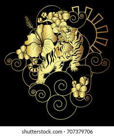 Golden style tiger face with cherry flower and rising sun tattoo.Tiger  traditional tattoo.Line art tiger with sakura and Hibiscus flower tattoo.Traditional Japanese culture for printing on background