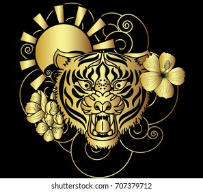 Golden style tiger face with cherry flower and rising sun tattoo.Tiger  traditional tattoo.Line art tiger with sakura and Hibiscus flower tattoo.Traditional Japanese culture for printing on background