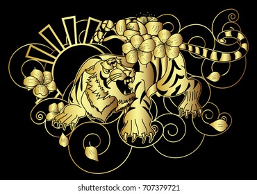 Golden style tiger face with cherry flower and rising sun tattoo.Tiger  traditional tattoo.Line art tiger with sakura and Hibiscus flower tattooTraditional Japanese culture for printing on background.