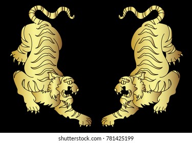 Golden style tiger face.Tiger  traditional tattoo.Line art tiger with cloud tattoo.