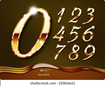 Golden stylish  digits, with shadow and reflections. Set. Zero 0 One 1 Two 2 Three 3 Four 4 Five 5 Six 6 Seven 7 eight 8 nine 9. vector . The rest of italic letters of the alphabet in my portfolio.