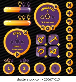 Golden stylish game interface woth level completion. boosters, buttons and loading pannel