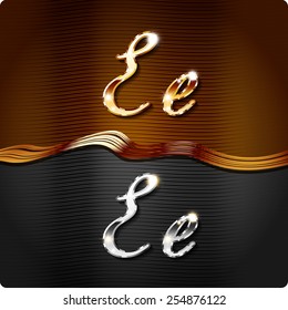 Golden stylish italic letters and italic metal letters of the alphabet. Capital letter "E" and lowercase "e". Set, vector EPS10. The rest of numbers and letters of the alphabet in my portfolio.