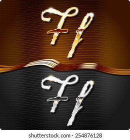 Golden stylish italic letters and italic metal letters of the alphabet. Capital letter "F" and lowercase "f". Set, vector EPS10. The rest of numbers and letters of the alphabet in my portfolio.