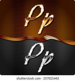 Golden stylish italic letters and italic metal letters of the alphabet. Capital letter "P" and lowercase "p". Set, vector EPS10. The rest of numbers and letters of the alphabet in my portfolio.