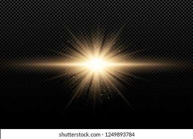Golden stylish light effect on a dark transparent background. Golden magical rays and flying golden glitters. Bright explosion. Sunlight. Christmas light. Vector illustration. EPS 10