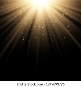 Golden stylish light effect on a black background. Golden rays. Bright explosion. Flying golden magical dust. Sunlight. Christmas light. Vector illustration. EPS 10