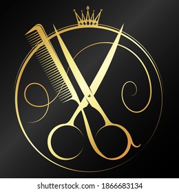 Golden stylist scissors and hairbrush graceful symbol for business