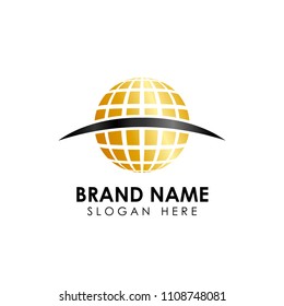 golden Stylized 3D spherical surface with  swoosh shape. digital globe icon. This logo is suitable for global company, world technologies and media and publicity agencies