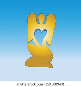 Golden stylized angel silhouette with heart as a symbol for eternal love and protection on blue sky background. 