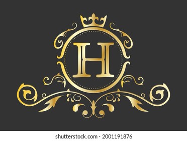 Golden stylized letter H of the Latin alphabet. Monogram template with ornament and crown for design of ials, business cards, logos, emblems and heraldry. Vector illustration
