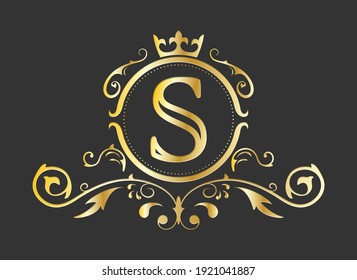 Golden stylized letter S of the Latin alphabet. Monogram template with ornament and crown for design of ials, business cards, logos, emblems and heraldry. Vector illustration