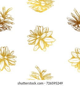 Golden stylized Pine cone Seamless Pattern . Vector hand drawn illustration. 