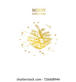 Golden stylized Pine cone . Vector hand drawn illustration. Isolated . Christmas cone   in sketch style. Postcard, invitation 