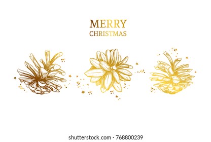 Golden stylized Pine cone . Vector hand drawn illustration. Isolated objects. Christmas cones set in sketch style. Postcard, invitation