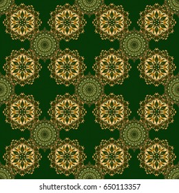 Golden stylized stars on a green background. New Year 2018 holiday decoration. Fan shaped Christmas gold. Vector abstract seamless pattern with golden geometrical elements.