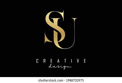 Golden SU s u letter logo concept with serif font and elegant style. Vector illustration icon with letters S and U.