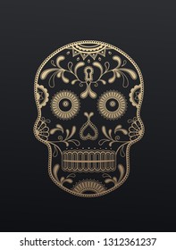 Golden Sugar Skull day of the dead vector illustration on dark background.