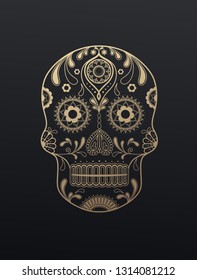 Golden Sugar Skull day of the dead vector illustration on dark background.