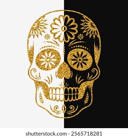 Golden sugar skull icon. Gold glitter texture. Vector illustration