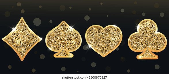 Golden Suit Cards, Glitter Card Symbols, Casino, Golden, Poker, Vector