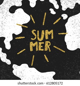 Golden Summer quote print in vector. World map background. Golden glitter letters and burst rays and golden chaotic dots.
