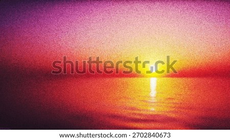 Golden summer sunset over calm sea with nostalgic grainy texture created from thousands of individual dots. Serene sunset moment with glowing sun and gentle ripples on water for ambient digital design
