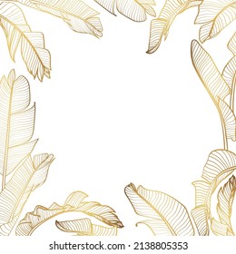 Fondo tropical de verano dorado. Hojas de plátanos de palma, Diseño de fondo botánico para impresiones enmarcadas en pared, arte mural, invitación, estampados de lienzo, afiche, decoración doméstica, cubierta, papel pintado.