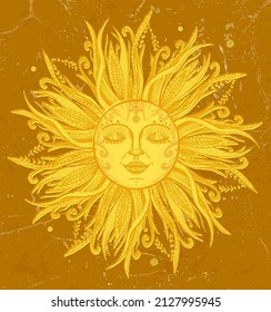 Símbolo gráfico del arte del sol dorado, emblema o logotipo, ilustración vectorial dibujada a mano con ojos cerrados personaje del sol