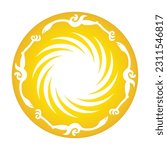 Golden Sun Bird, or the Sun and Immortal Birds Gold Ornament. A pattern, cut from a ring-shaped piece of ancient Chinese gold foil. Four birds flying in same direction around a 12-pointed sun pattern.