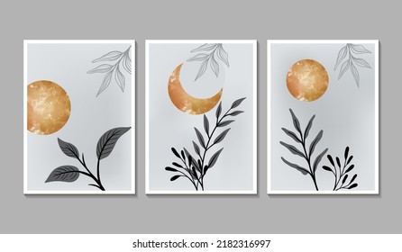 Goldene Sonne und botanischer Vektoruntersatz. Wandkunst-Komposition. Gelber goldener Kreis, handgemalte exotische Blätter. Minimaler abstrakter Boho Stil. Graue Aquarellstruktur.