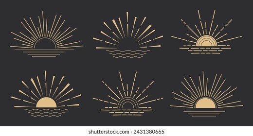 Golden sun burst beam line minimal sunrise decoration isolated on dark background. Celestial sun ray with ocean waves