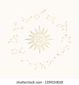 Golden sun and constellations. Gold star design. 