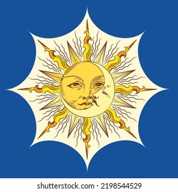 Golden sun and a crescent moon with a face. Design for tattoo, astrology, stickers, tarot. 