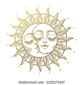 Golden sun and crescent moon together, hand drawn boho illustration for astrology, tarot, esoteric. Vector line illustration. Celestial logo for a witch avatar.