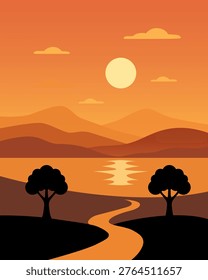 Golden sun dips low over layered hills. Warm hues glow across sky and water. Two trees stand silent by winding path. Silhouettes frame calm, peaceful moment. Perfect for tranquil travel, nature