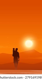 Golden sun dips low over vast desert dunes. Silhouetted figure carries child, standing still. Warm hues glow softly across horizon, sky. Quiet moment captures tenderness, shared journey