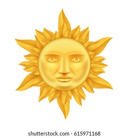 Golden Sun Face Antique Crown Flames Realistic 3d Transparent Icon Template Background Mock Up Design Vector Illustration