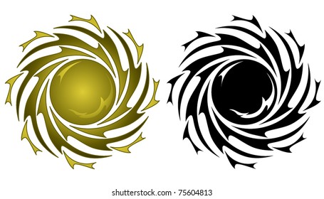 Golden sun with fiery rays in tattoo style