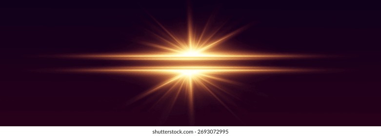 Destello dorado del sol con los rayos brillantes de la reflexión. Ilustración vectorial