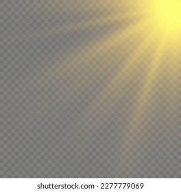 Goldene Sonne blitzt mit Strahlen und Rampenlicht. Der Goldstar brach mit Funkeln aus. Lichtdurchlässige glänzende Sonne, heller Flamme. Sonnenlicht leuchtender PNG-Effekt. Gelbe Strahlen auf transparentem Hintergrund, Vektorgrafik 