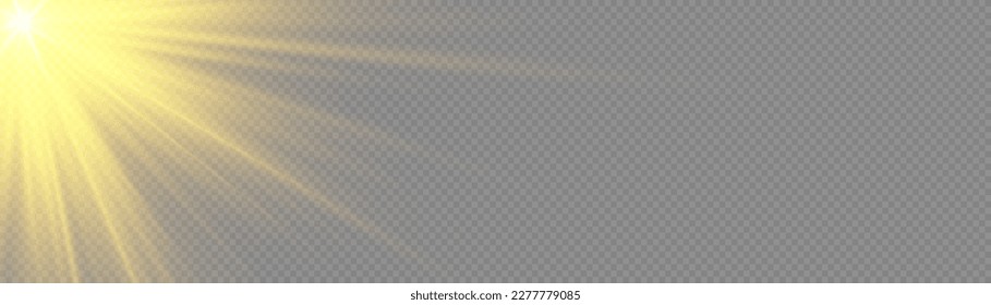 Golden sun flash with rays and spotlight. Gold star burst with sparkles. Translucent shine sun, bright flare. Sunlight glowing png effect. Yellow beam sunrays on transparent background, vector 