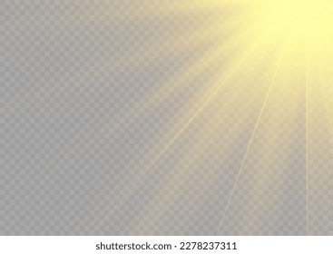Golden sun flash with rays and spotlight. Gold star burst with sparkles. Translucent shine sun, bright flare. Sunlight glowing png effect. Yellow beam sunrays on transparent background, vector 