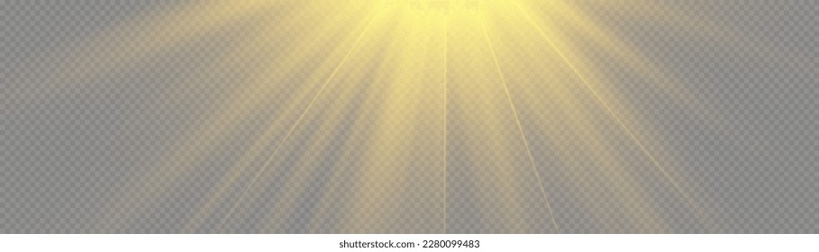 Golden sun flash with rays and spotlight. Gold star burst with sparkles. Translucent shine sun, bright flare. Sunlight glowing png effect. Yellow beam sunrays on transparent background, vector 