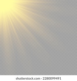 Goldene Sonne blitzt mit Strahlen und Rampenlicht. Der Goldstar brach mit Funkeln aus. Lichtdurchlässige glänzende Sonne, heller Flamme. Sonnenlicht leuchtender PNG-Effekt. Gelbe Strahlen auf transparentem Hintergrund, Vektorgrafik 