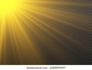 Goldene Sonne blitzt mit Strahlen und Rampenlicht. Der Goldstar brach mit Funkeln aus. Lichtdurchlässige glänzende Sonne, heller Flamme. Sonnenlicht leuchtender PNG-Effekt. Gelbe Strahlen auf transparentem Hintergrund, Vektorgrafik 