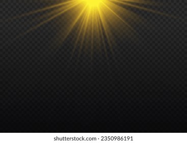 Golden sun flash with rays and spotlight. Gold star burst with sparkles. Translucent shine sun, bright flare. Sunlight glowing png effect. Yellow beam sunrays on transparent background, vector 