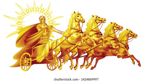 Golden Sun God Helios On Chariot On A White Background